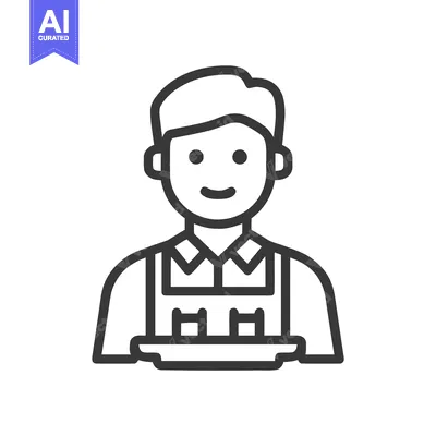 Aset premium populer: Smiling Line Art Waiter Icon with Tray, Professional Service Symbol