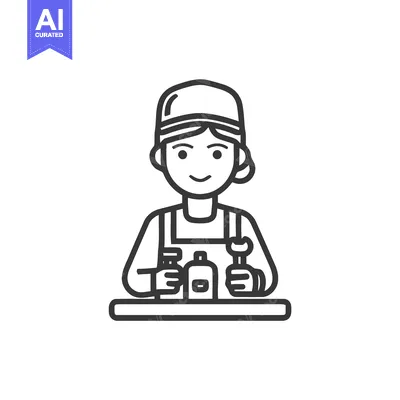 Smiling Line Art Icon of Female Mechanic or Technician with Wrench and
