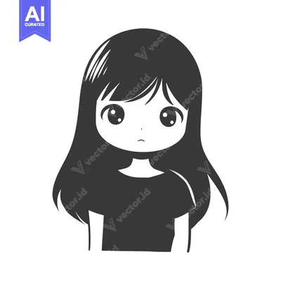 Aset premium populer: A black and white illustration of an anime girl with long hair