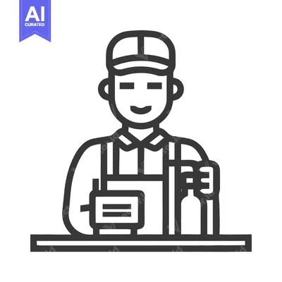 Aset desain premium: Smiling Service Worker Icon with Bottle and Terminal, Minimal Line Art