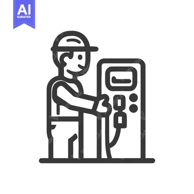 Smiling Service Worker with Fuel or EV Charging Station Line Art Icon