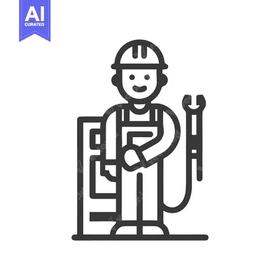 Smiling Industrial Worker Icon with Wrench and Control Panel, Minimali
