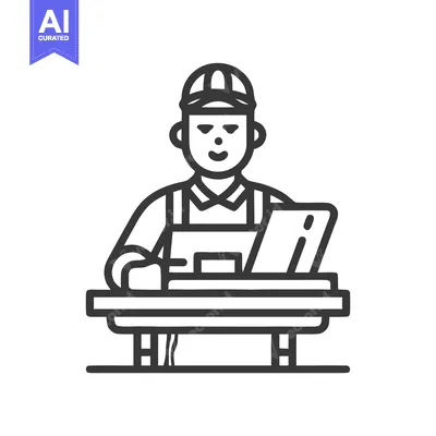 Monochrome Line Art Icon of a Skilled Chef or Artisan with Utensils on