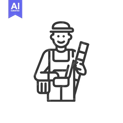 Popular premium asset: Smiling Tradesman Icon with Ladder and Tool, Minimalist Line Art for C