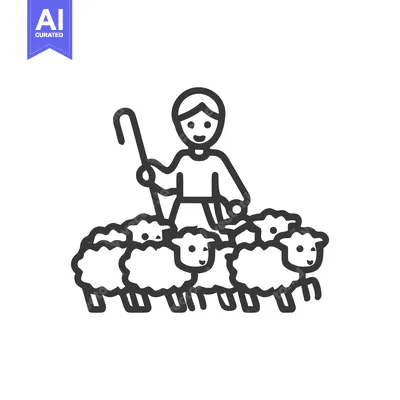 Minimalist Line Art Icon of Smiling Shepherd with Flock of Sheep
