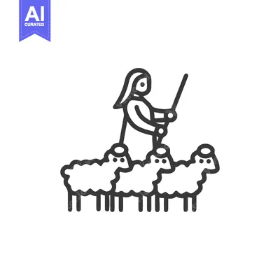Clean Line Art Icon: Shepherd with Staff and Three Sheep, Minimalist P
