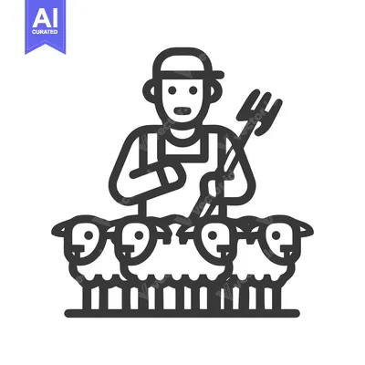 Monochrome Line Art Icon: Farmer with Pitchfork and Four Sheep, Symbol
