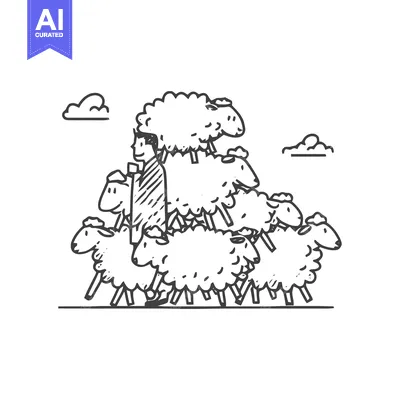 Hand-drawn man engulfed by a dense flock of sheep, symbolizing conform