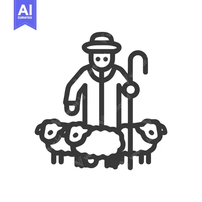 Minimalist Line Art Shepherd Icon with Staff and Three Sheep, Symboliz