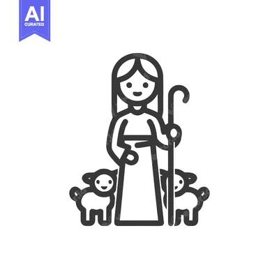 Caring Shepherdess with Two Smiling Lambs and Shepherd's Crook Line Ar