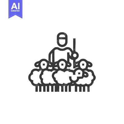 Simple Line Art Icon: Shepherd with Flock of Sheep