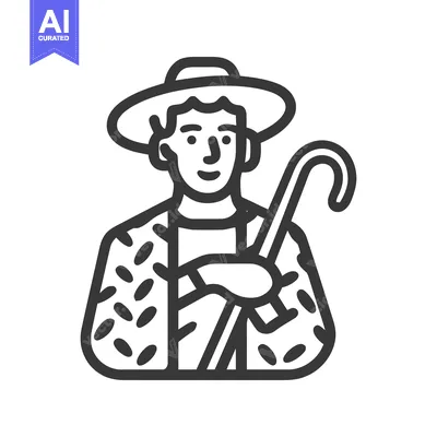 Aset premium populer: Minimalist Line Art Icon of a Traditional Shepherd with Crook and Hat