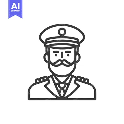 Professional Captain or Pilot Line Art Icon with Hat, Mustache, and Un