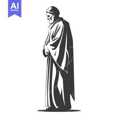 A Black and White Illustration of an Elderly Man in a Robe Praying