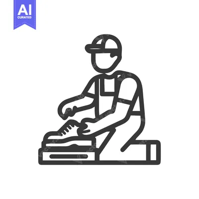 Minimalist Line Art Icon of Person Kneeling, Cleaning a Shoe with Brus