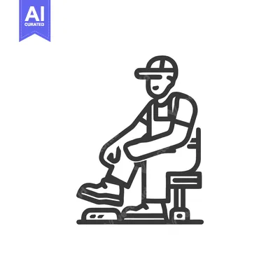 Minimalist Line Art Icon of a Person in Cap and Overalls Sitting on a