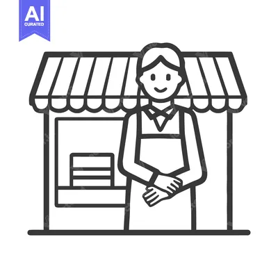Smiling Shopkeeper at Market Stall Minimalist Black Line Art Icon