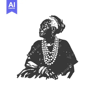 A Black and White Illustration of an Elderly Woman in Traditional Clot