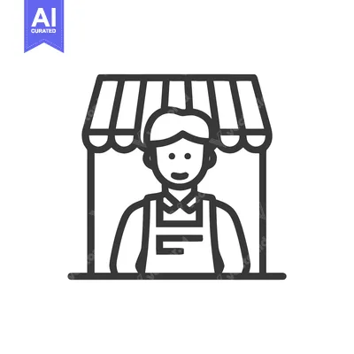 Monochrome Line Icon of Smiling Vendor in Apron Under Striped Awning,