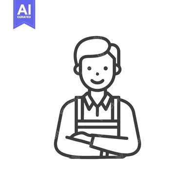 Aset premium populer: Friendly Male Worker Icon in Apron with Crossed Arms, Minimalist Line