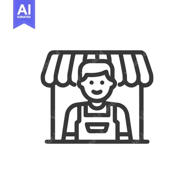 Modern Line Art Icon of a Smiling Small Business Owner Under a Market