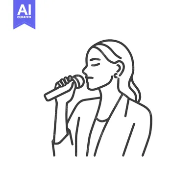 Elegant Line Art of Female Singer with Microphone, Eyes Closed in Perf