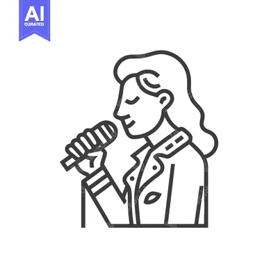 Elegant Line Art of Female Singer with Microphone, Eyes Closed in Joyf