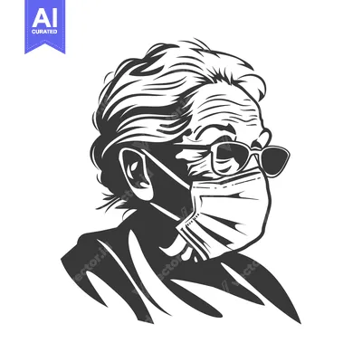 A black and white illustration of an elderly woman wearing a face mask