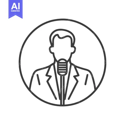 Professional Male Speaker Icon with Microphone in Circle - Line Art fo