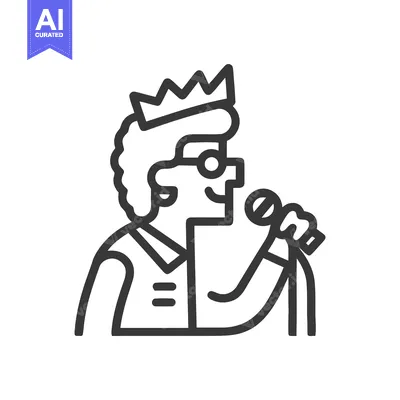Cheerful Crowned Singer with Microphone, Simple Line Art Icon for Perf