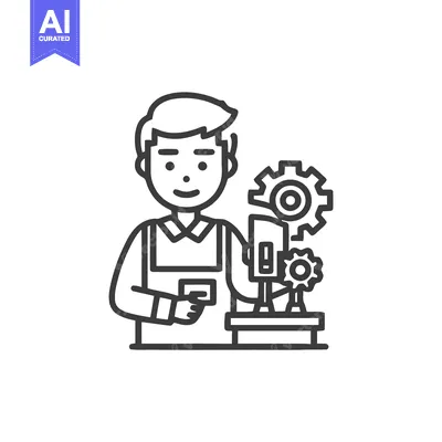 Smiling Male Engineer Operating Industrial Machine with Gears - Minima