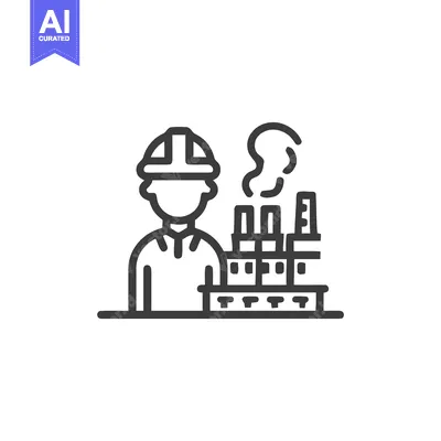 Outline Icon of Industrial Worker in Hard Hat with Factory and Smoking