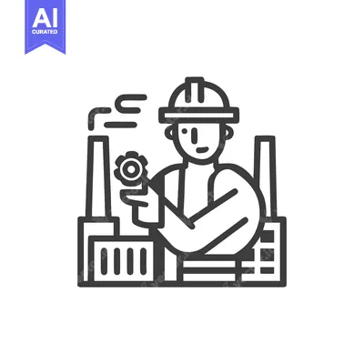 Aset desain premium: Monochrome Line Art Icon of Industrial Worker in Hard Hat Holding Gear