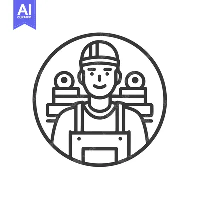 Aset premium populer: Line Art Icon of Smiling Construction Worker in Hard Hat and Overalls