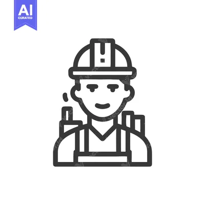Smiling Male Worker Outline Icon in Hard Hat and Overalls, Industrial