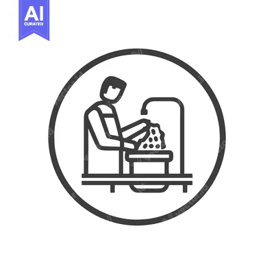 Monochrome Line Art Icon: Person Washing Hands or Dishes in a Sink, Em
