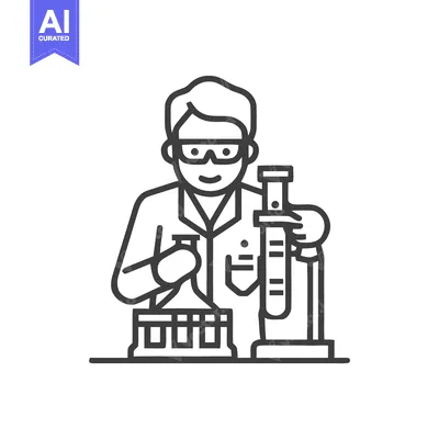 Premium design asset: Smiling Line Art Scientist Icon with Lab Flask and Test Tube Rack, Min