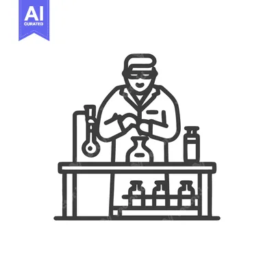 Modern Line Art Vector Icon of Scientist in Lab Coat Mixing Chemicals