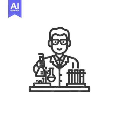 Premium design asset: Smiling Male Scientist Icon with Lab Coat and Beakers, Outline Vector