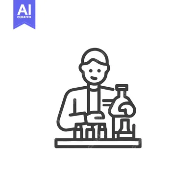 Aset desain premium: Minimalist Line Art Icon of Smiling Scientist Conducting Lab Experimen