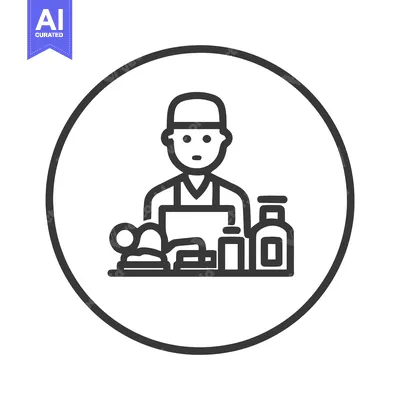 Aset desain premium: Minimalist Line Icon of Barista or Shop Assistant with Laptop and Prod