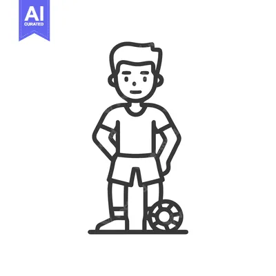 Aset premium populer: Monochrome Line Art Icon of a Young Soccer Player Standing with Ball