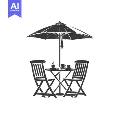 Aset premium populer: A Black and White Illustration of a Patio Table Set with Umbrella and