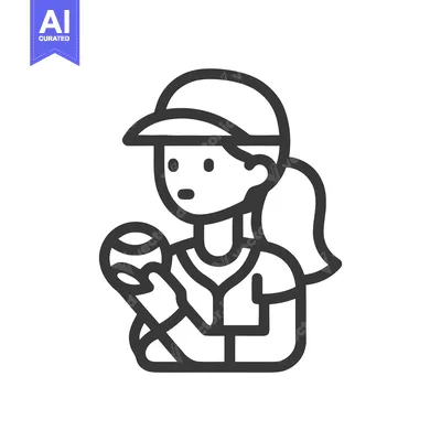 Aset desain premium: Monochrome Line Art Icon of Female Baseball Player Holding Ball