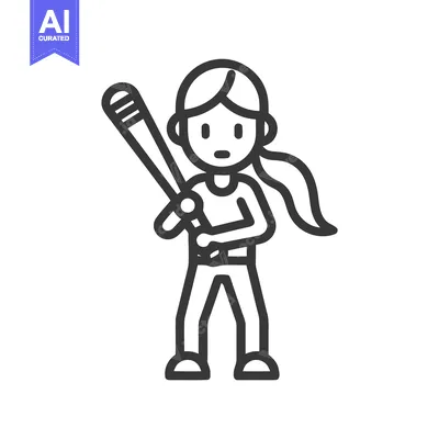 Aset desain premium: Minimalist Line Art Icon of a Female Baseball Player Holding a Bat, Re