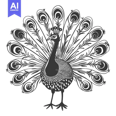 A black and white illustration of a peacock with its tail feathers spr