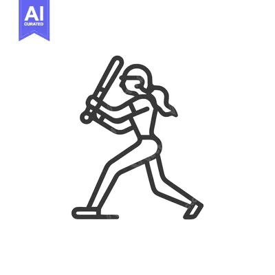 Aset desain premium: Dynamic Monochrome Line Art Icon of Female Baseball Player in Powerful