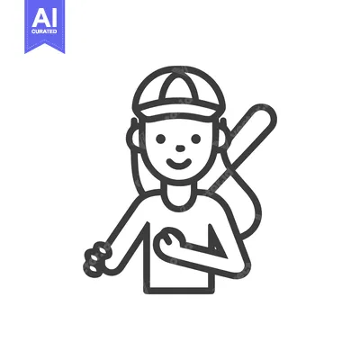 Aset premium populer: Smiling Baseball Player Line Art Icon with Bat and Cap