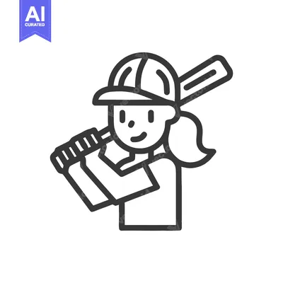Aset desain premium: Minimalist Line Art Icon of Female Baseball Player with Bat, Ready to