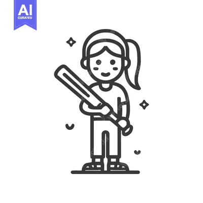 Aset desain premium: Sparkling Line Art Girl with Baseball Bat Icon, Cheerful Sporty Vector